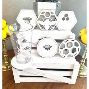 Set Of 6 Handmade White Wood Farmhouse Inspired Bee Themed Coaster Set (W)